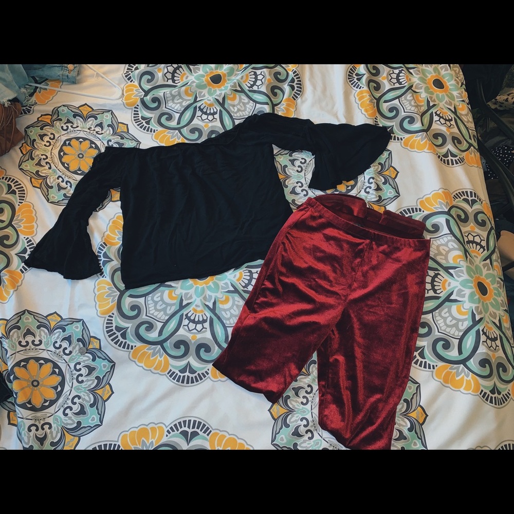 Red velvet flare pants